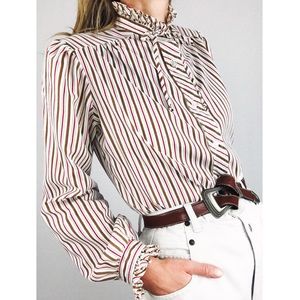 Vintage Ruffle Tie-Neck Striped Blouse | Size M/L